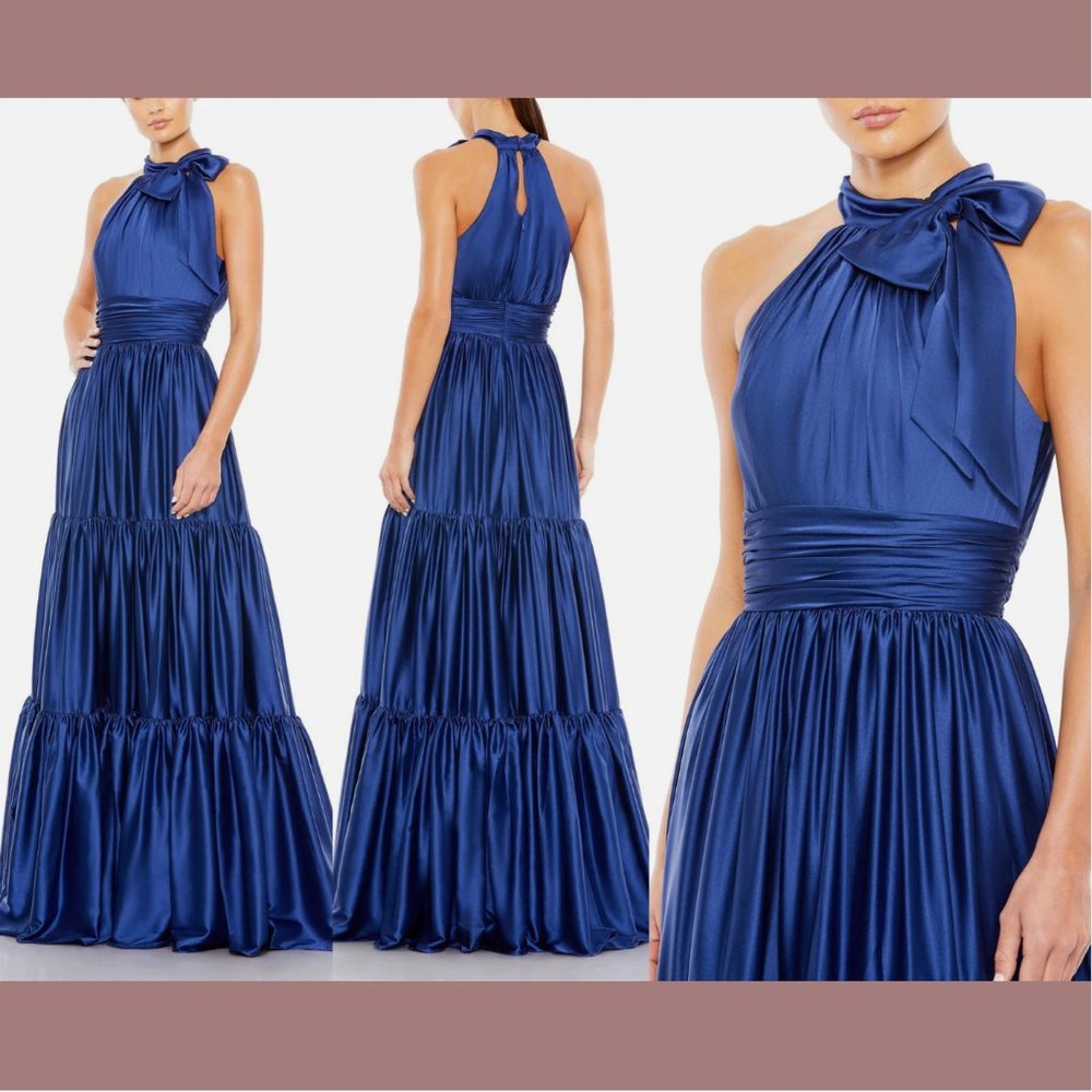 NEW‎ $598 Mac Duggal [ 18 ] Bow Ruffle Halter Neck Gown in Sapphire Blue